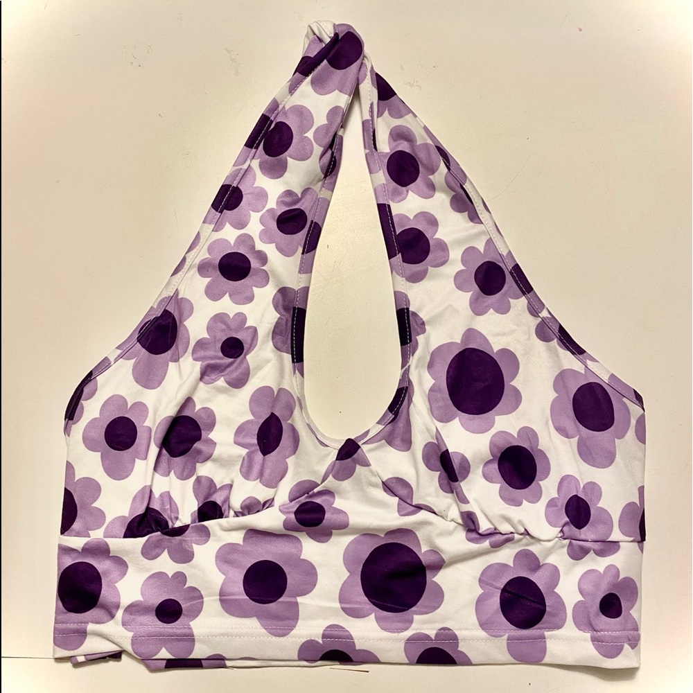 Purple & Black Flower Cropped Halter Top